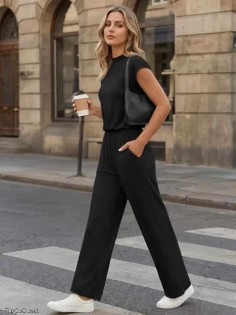 Women's Dressy Wide Leg Jumpsuit with Pockets Mock Neck Cap Sleeve
